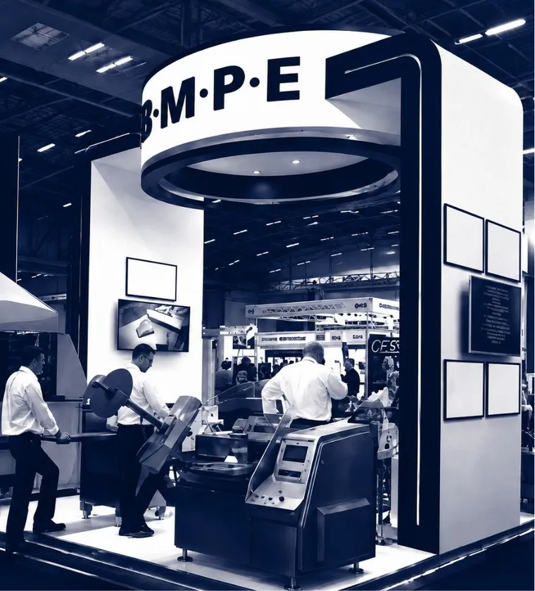 The BMPE exhibition stand with machines running at a trade show