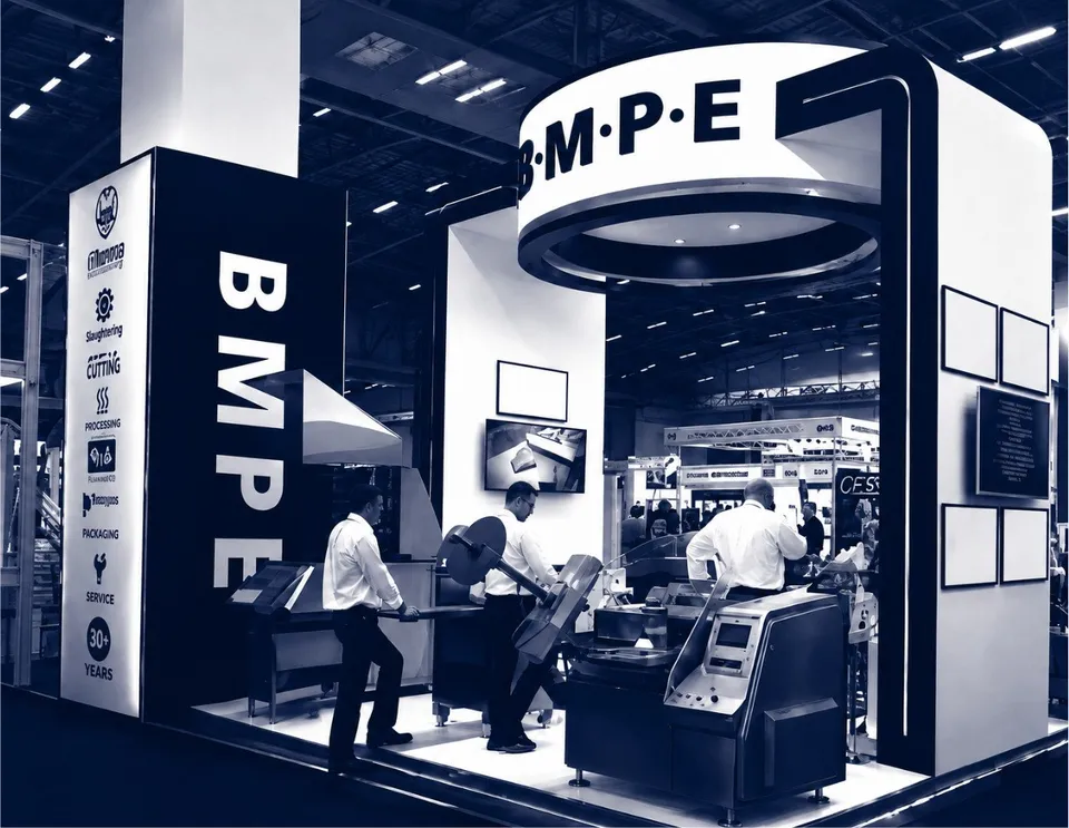 The BMPE exhibition stand with machines running at a trade show