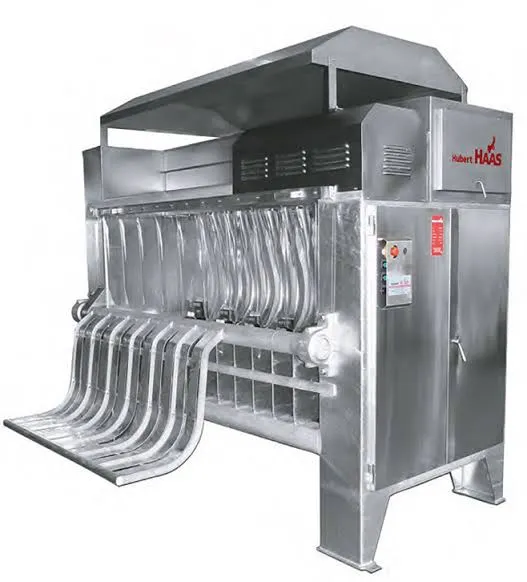 The Hubert Haas Goliath single-chamber pig dehairing system, seen from the discharge side