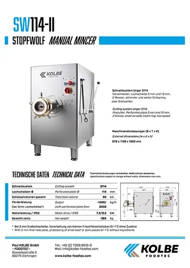 Kolbe Foodtec SW114 II Manual Mincer