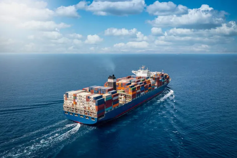 A container ship at sea, fully loaded with shipping containers
